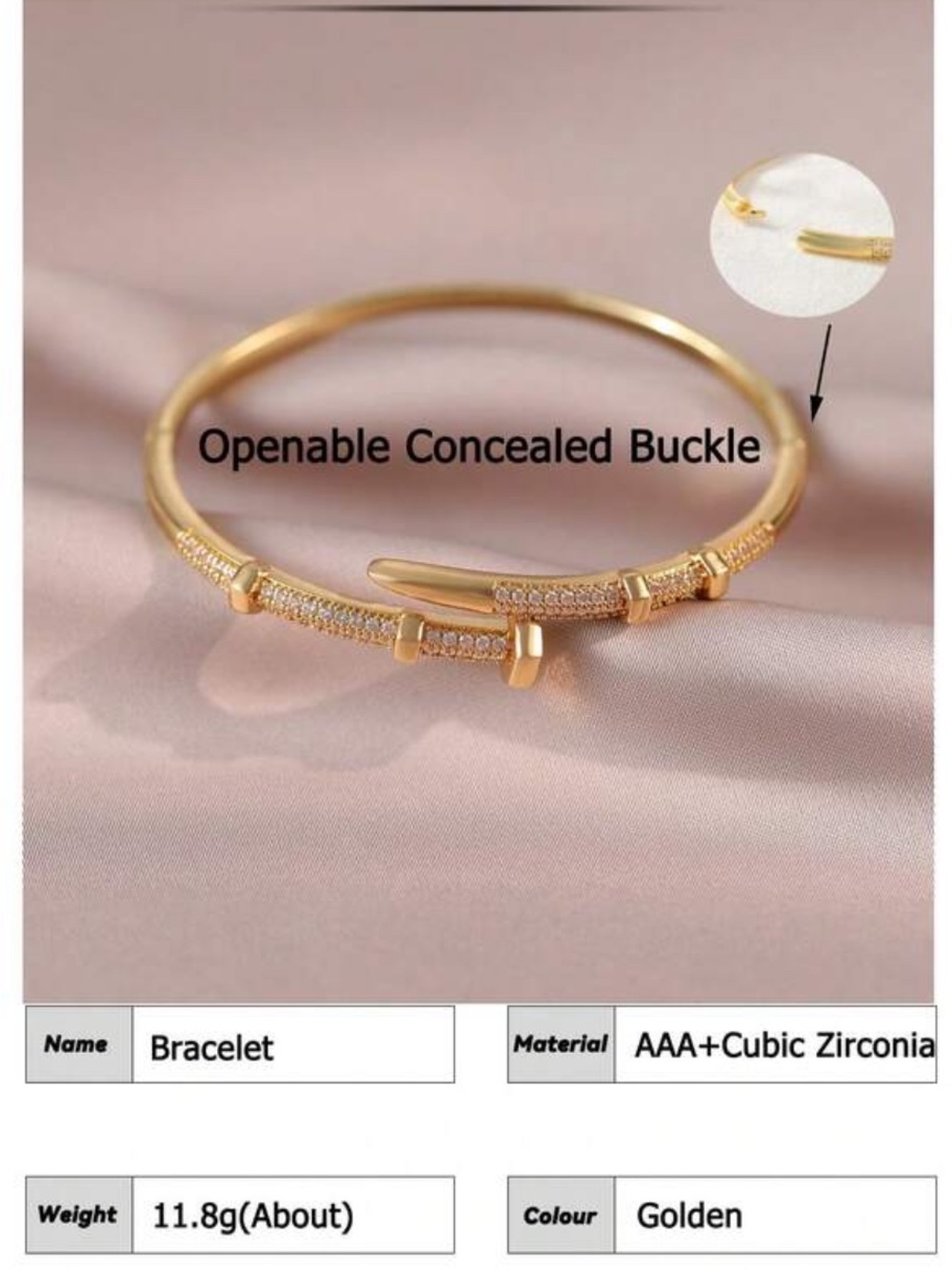 Yellow Gold Pave Nail-Style Bangle Bracelet new cubic zirconia new stack 1pc - Picture 2 of 5